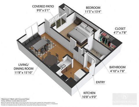 Floor plan for 1 bed, 1 bath, 572 sqft